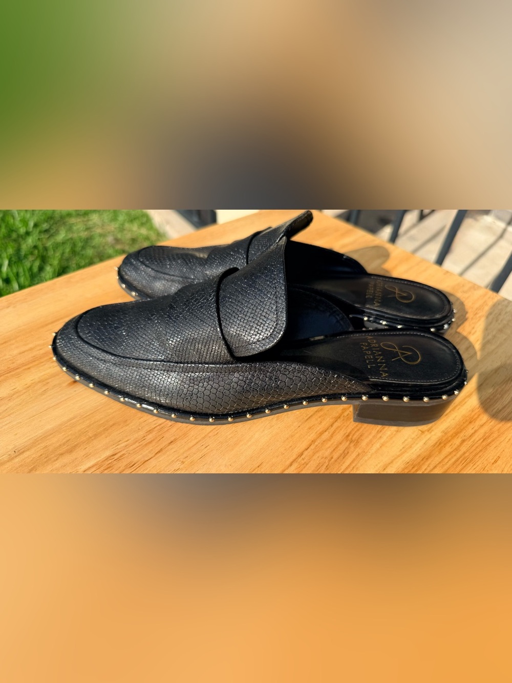 Adrianna Papell Black Snakeskin Studded Mules Loafers shoes Sz 7.5 US NWOT